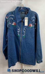 NWT PTNY Women's VTG Blue Medium Washed Full Zip Floral Glitter Jacket - Sz 2X