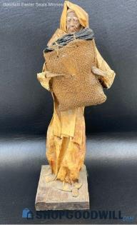 Mexican Paper Mache Figurine Folk Art Elder Carrying Sack With Wood Vintage