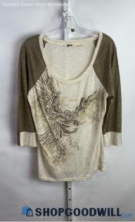 Miss Me Women's Taupe/White Henley Rhinestone Beaded Long Sleeve Shirt - Sz L