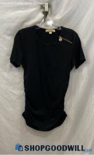 Michael Kors Women's Black Ruched Side Shoulder Zip T-shirt - Sz M