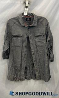 Rock & Republic Women's Gray Patterned Cuffed Elbow Sleeve Button Up Shirt sz M