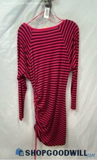 Michael Kors Women's Pink/Black Striped Side Ruched Lace Down Dress - Sz M