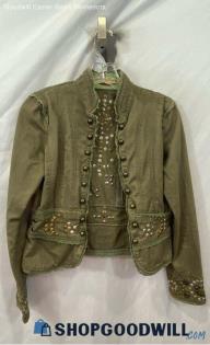 Miss Me Women's Olive Green Studded Clasp Close Cropped Fashion Jacket - Sz S