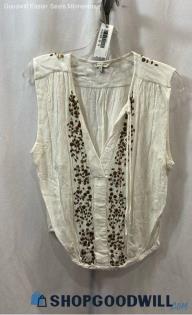 Lucky Brand Women's White/Brown Embroidered Floral Tie Neck Sheer Tank Top Sz M