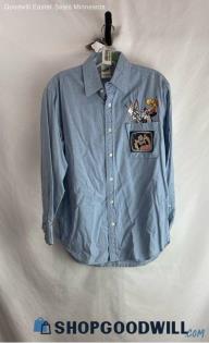 Warner Bros. Women's VTG Light Blue Patterned Embroidered Button Up Shirt sz XS