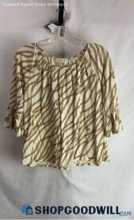 Michael Kors Women's White/Gold Cropped Chain Design Shirt - Sz M