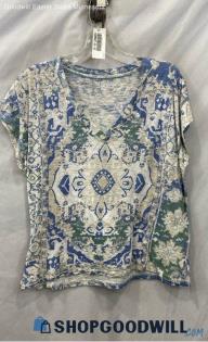 Lucky Brand Women's White/Blue Design Print Pullover T-Shirt - Sz S