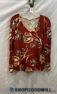 Chico's Women's Red/Floral Print Long Sleeve V-Neck Shirt - Sz M