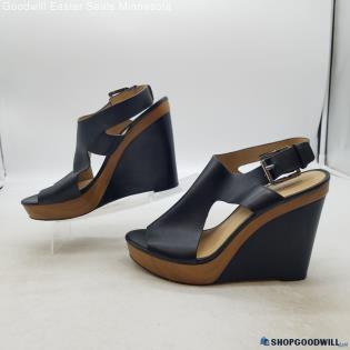 Michael Kors Women's Josephine Black Leather Wedge Sandals Sz 10