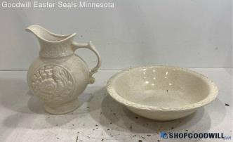 2pc Cream Brown Speckled Large Pitcher & Bowl