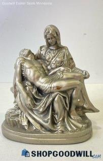 Replica Figurine Of Michaelangelo's Pieta Silvery Ceramic Jesus & Mary Aprx 7.5"