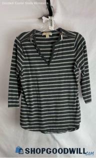 Michael Kors Women's Gray/Light Gray Striped V-Neck Shoulder Zip Shirt - Sz S