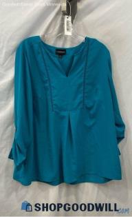 Lane Bryant Women's Blue V Neck Roll Sleeve Blouse - Sz 14/16