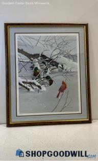 Michael J. Riddet Signed Matted & Framed Mallard & Cardinal Winter Print 284/900