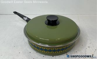 Enameled Green Pan w/Lid Blue Yellow Flowers Design Cookware