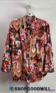 Chico's Women's Pink Floral Patterned Satin Button Up Blouse - Sz 10