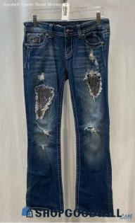 Miss Me Women's Blue Rhinestone Patched Distressed Slim Bootcut Jeans - Sz 27