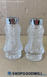 Pair Salt & Pepper Shakers Cut-Crystal/Glass Appear Silver-Plated Approx 5" Tall