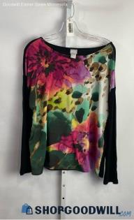 Chico's Women's Pink/Green Floral Polyester Long Sleeve Shirt - Sz L