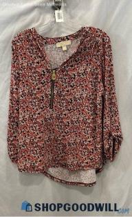 Michael Kors Women's Pink/Black Floral Print Half Zip Blouse - Sz XL