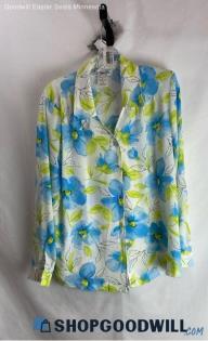 Maggie Sweet Women's VTG White/Blue Floral Long Sleeve Button Up Shirt - Sz M