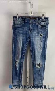 Rock Revival Women's Blue Medium Washed Distressed Mid-Rise Skinny Jeans - Sz 29