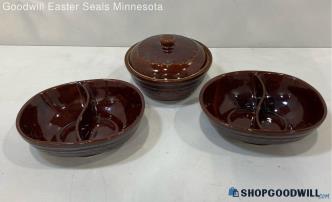 Marcrest Ovenproof Brown Stoneware Divided Bowls + Covered Bowl