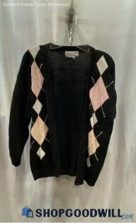 Spice of Life Women's Black and Pink Argyle Cardigan Sweater - Sz M