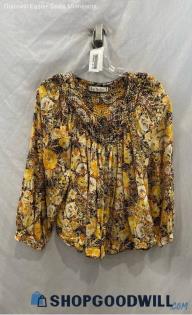 We the Free Women's Yellow Floral Pattern Smock Neckline Blouse - Sz S