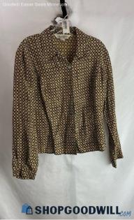 Melrose Collectible Women's VTG Brown 100% Silk Geo Pattern Button Up Shirt Sz M