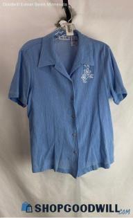 Blair Women's VTG Powder Blue Floral Embroidered Button Up Shirt - Sz M