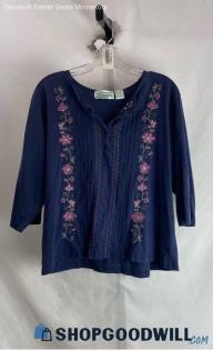 Extra Shenanigans Women's VTG Navy/Pink Floral Embroidered 1/4 Button Tee Sz 1X