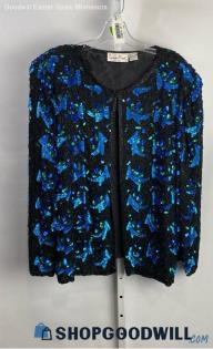 Laurence Kazar Women's VTG Black/Blue Sequin Embellish Clasp Close Blazer Sz 3X