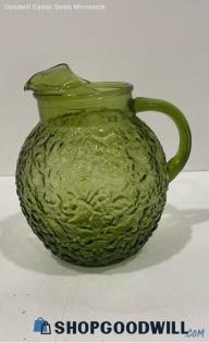 Vintage Green Pebbled Textured Glass Round Beverage Carafe Pitcher