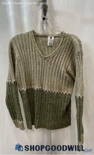 Columbia Women's VTG Green/Gray Ribbed V Neck Sweater - Sz L