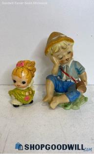 Lot 2pc Vintage Josef Originals Little Boy With Horn & Girl