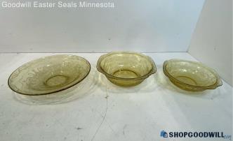 3 Unlabeled Yellow Glass Serving Bowls 11", 10" & 9" Dia