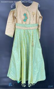 Women's East Indian Style Golden & Green Long Cold Shoulder dress