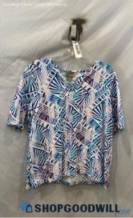 Chico's Women's Blue/Purple Geo Pattern Studded V Neck T-Shirt - Sz L