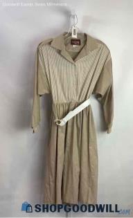 EJM Women's VTG Beige 1/2 Button Striped Belted Shirt Dress - Sz 12