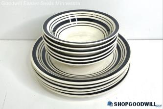 11PC Royal Norfolk Stoneware Black Stripe Band Dinnerware Bowls & Plates