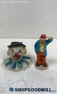 2pc Flambro Clown Head Vase Planter & Signed Hobo Porcelain Figurines Decor