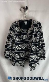 Chico's Women's Black/White Sheer Embroidered Beaded Light Cardigan Jacket sz 12