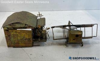 2 Unlabeled Copper Airplane And Airport Music Boxes Airplane Needs Repairs