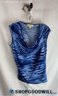 Michael Kors Women's Blue Watercolor Patterned Low Cowl Neck Tank Top - Sz L