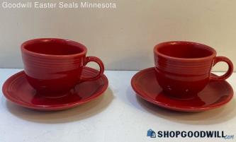 4pc Homer Laughlin Fiesta Red Tea Cups And Saucers