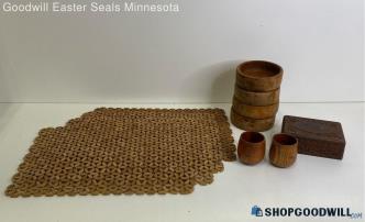 Unlabeled Wooden Beaded Placemats, Bowls, Cups & Jewelry Box