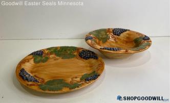 Bassano Italy Grape Pattern Pottery Serving Bowl & Platter Dish