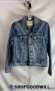 Lucky Brand Women's Blue Button Textured Back Patch Graphic Denim Jacket sz PS