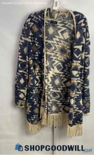 Lucky Brand Women's Blue/Tan Patterned Fleece Textured Tassel Hem Cardigan Sz M